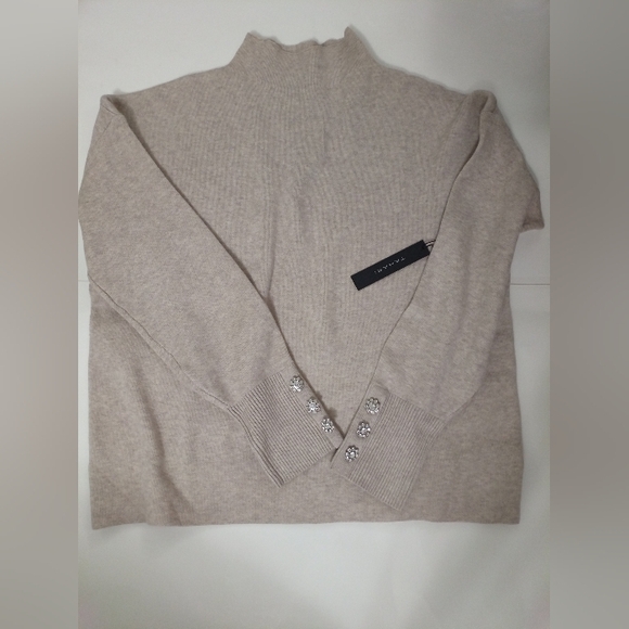 Tahari Sweaters - Tahari Women's Beige Turtleneck Long Sleeve Sweater Button Cuff Accents Size XL